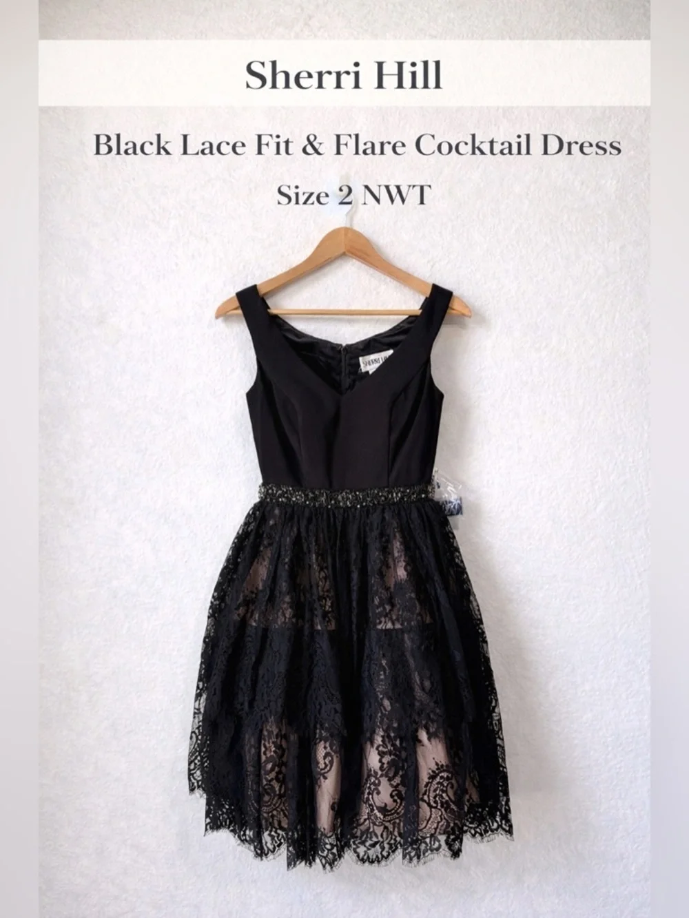 black lace fit and flare cocktail dress Sherri Hill Black Lace Fit & Flare Cocktail Dress Size 2 NWT